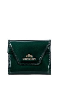 Green patent leather wallet with a fold-over flap, gold logo detailing, and contrasting stitching along the edges. Smooth texture throughout.
