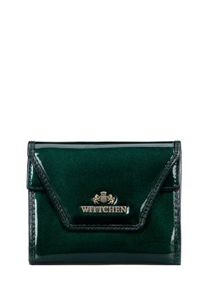 Green patent leather wallet with a fold-over flap, gold logo detailing, and contrasting stitching along the edges. Smooth texture throughout.