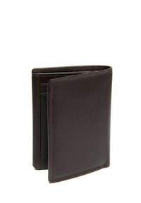 Dark brown leather wallet with a sleek design, featuring multiple card slots and a smooth texture. Stitched accents along the edges.