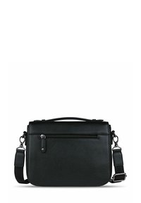 Borsa a tracolla in pelle nera con superficie testurizzata, tasca frontale con zip, tracolla regolabile e manico superiore per il trasporto.