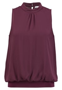 Haut sans manches à col montant en bordeaux profond, avec des détails plissés et un ourlet froncé. Fabriqué en tissu lisse avec une coupe décontractée. Fermeture zippée au dos.