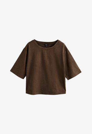 Brown cotton t-shirt with a loose fit, wide short sleeves, and a rounded neckline. Smooth texture with minimal design details.