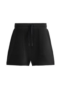 Shorts décontractés noirs avec taille élastique, cordon à l'avant et grandes poches plaquées devant.