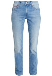 Ljusblå denimjeans med rak passform, med en klassisk femfickedesign, subtil blekning och knappstängning.