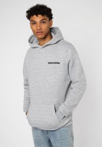 Grijze hoodie van zacht katoen, met een frontzak, ribgebreide manchetten en het woord "WORLDWIDE" in het zwart over de borst gedrukt.