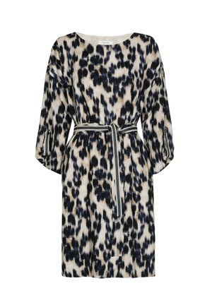 Robe à manches longues avec un imprimé abstrait noir et bleu marine sur un fond beige clair, dotée d'une ceinture assortie et de poches latérales.