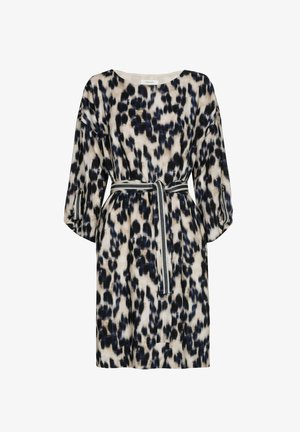 Robe à manches longues avec un imprimé abstrait noir et bleu marine sur un fond beige clair, dotée d'une ceinture assortie et de poches latérales.