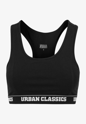 Top sportivo nero realizzato in tessuto morbido, caratterizzato da scollo a giro, design con schiena a vogatore e un elastico con la scritta "URBAN CLASSICS" in bianco.