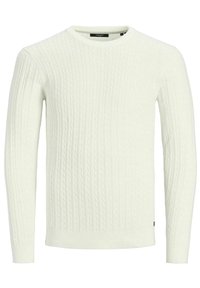 Maglione a treccia colore avorio, con scollatura rotonda e maniche lunghe. La texture presenta un motivo a coste in rilievo su tutta la superficie.