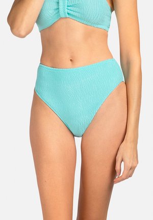 Bikini w wysokim stanie w jasnym turkusie, z fakturowanej tkaniny, z gładkim pasem i wycięciami po bokach, zapewniającymi dopasowany krój.