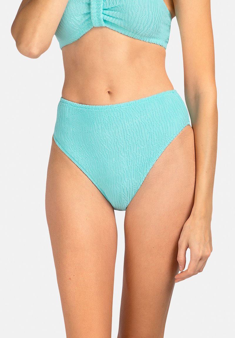 Bikini w wysokim stanie w jasnym turkusie, z fakturowanej tkaniny, z gładkim pasem i wycięciami po bokach, zapewniającymi dopasowany krój.