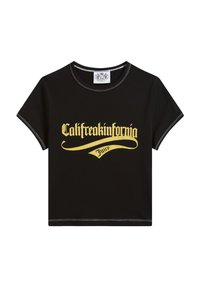 Zwarte cropped t-shirt van katoen, met een gouden grafische print "Califreakinfornia Juicy" in vetgedrukte letters, en contrasterende stiksels rond de hals.