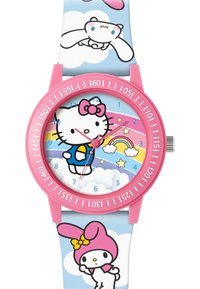 Roze smartwatch met een kleurrijk wijzerplaat met ontwerpen van Hello Kitty en My Melody, een blauwe achtergrond en wolkenpatronen op de band.