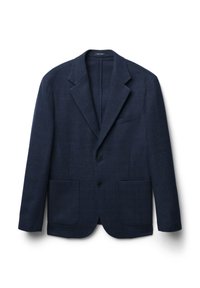 Marineblaues Sakko aus strukturiertem Stoff, mit einem Reverskragen, zwei Vordertaschen und zwei Knöpfen, das ein schlankes, tailliertes Design aufweist.