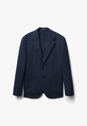 Marineblaues Sakko aus strukturiertem Stoff, mit einem Reverskragen, zwei Vordertaschen und zwei Knöpfen, das ein schlankes, tailliertes Design aufweist.