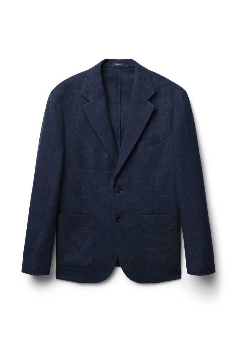 Marineblaues Sakko aus strukturiertem Stoff, mit einem Reverskragen, zwei Vordertaschen und zwei Knöpfen, das ein schlankes, tailliertes Design aufweist.