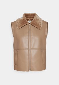 Beżowa skórzana kamizelka bez rękawów z futrzanym kołnierzem, z przodu na zamek błyskawiczny i dwoma bocznymi kieszeniami. Gładka tekstura z prostym dołem i minimalnym przeszyciem.