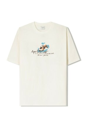 T-shirt en coton couleur crème avec un graphique d'un jet ski entouré de vagues bleues et le texte "Aqua Rush Club Miami Beach". Manches courtes, coupe décontractée.