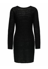 Robe en maille noire à manches longues, avec un col rond et une coupe ajustée. Le tissu semble texturé avec une légère transparence.