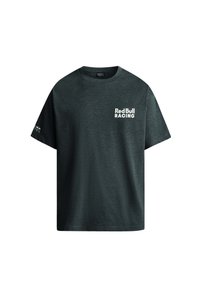 Mørkegrå t-shirt i bomuld med rund halsudskæring og korte ærmer, der har et hvidt "Red Bull RACING" logo på venstre front og ærmet.