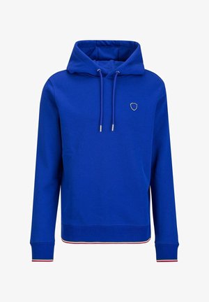 Blue hoodie featuring a drawstring hood, ribbed cuffs, and a multicolored hem. Gold shield logo on the chest, smooth fabric texture.