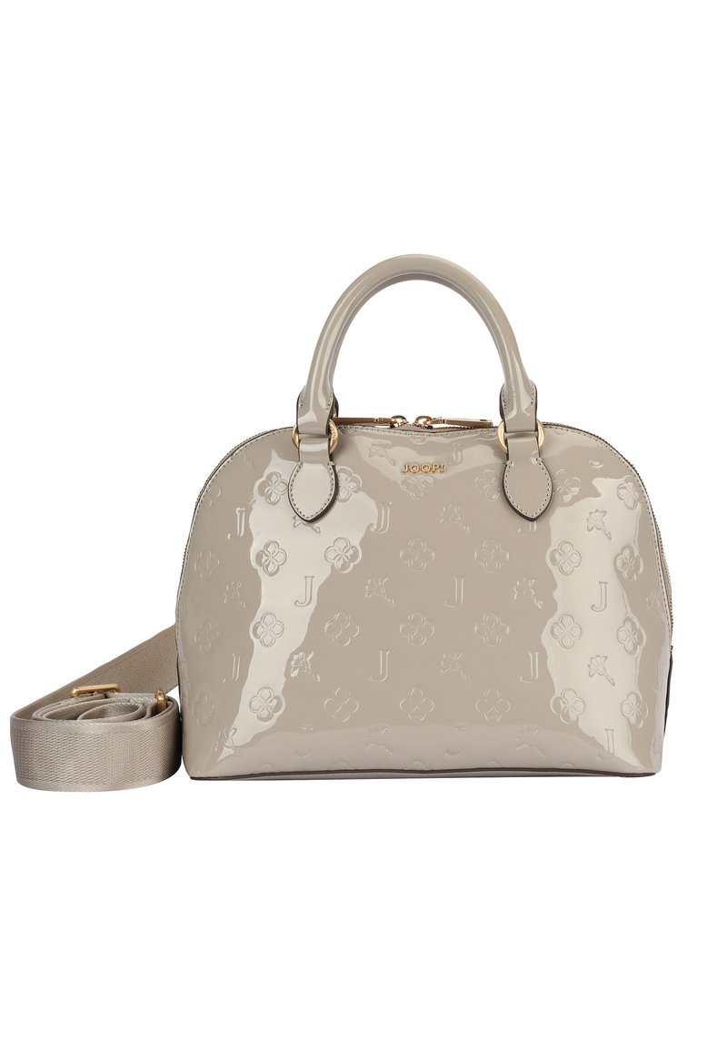 Borsa a mano in pelle sintetica color beige con motivo floreale in rilievo, accessori dorati, manici superiori doppi e tracolla staccabile. Chiusura con zip.