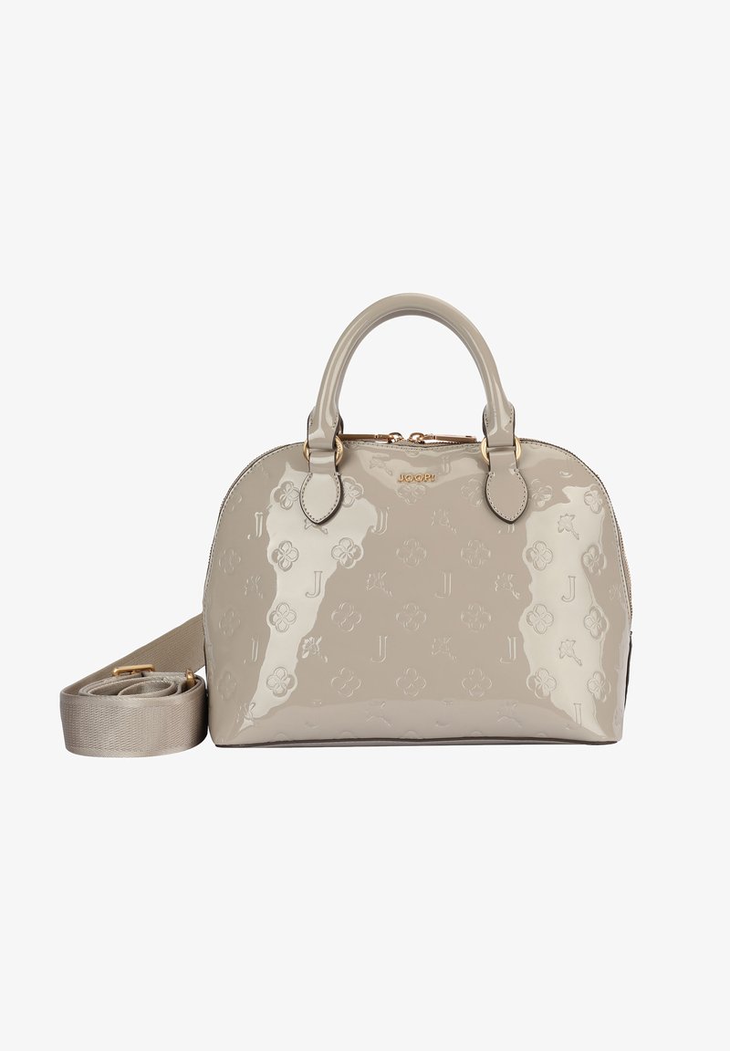 Borsa a mano in pelle sintetica color beige con motivo floreale in rilievo, accessori dorati, manici superiori doppi e tracolla staccabile. Chiusura con zip.