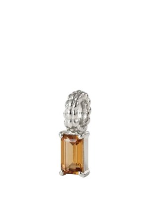 Silver charm with a beaded loop and a rectangular amber-colored gemstone set in four prongs hanging below the loop.