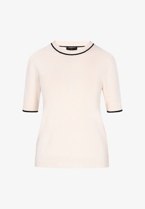 Sweter z krótkim rękawem w jasnym różowym kolorze, z okrągłym dekoltem wykończonym czarną lamówką oraz mankietami. Wykonany z gładkiego, dzianinowego materiału.