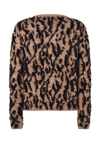 Brauner, flauschiger Pullover mit einem schwarzen Tiermuster, strukturiertem Stoff, langen Ärmeln und einem runden Ausschnitt.