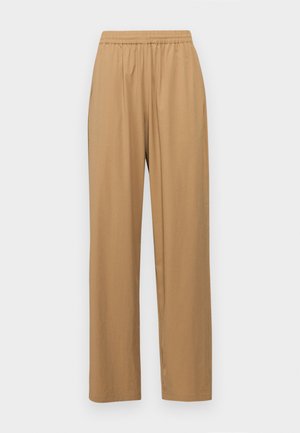 Hellbraune, weiche Stoffhosen mit entspannter Passform, ausgestattet mit einem elastischen Bund und ohne sichtbare Verschlüsse oder Taschen.
