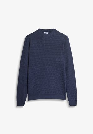 Maglione lavorato a maglia blu navy con un motivo testurizzato, scollo rotondo e polsini e orlo a costine. Realizzato in un tessuto morbido e leggero.