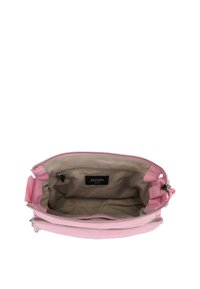 Borsa in pelle rosa con chiusura a zip, foderata in tessuto beige e dotata di una tasca interna etichettata "JOOP! JEANS." Forma rettangolare compatta.