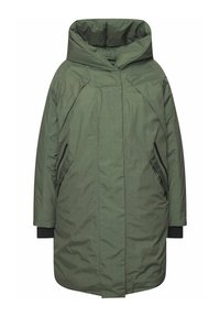 Abrigo acolchado verde con un cuello alto, bolsillos laterales con cremallera y un corte holgado y cuadrado. Hecho de un tejido texturizado y resistente al agua.