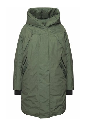 Cappotto imbottito verde con colletto alto, tasche laterali con zip e una vestibilità ampia e squadrata. Realizzato in tessuto testurizzato e resistente all'acqua.