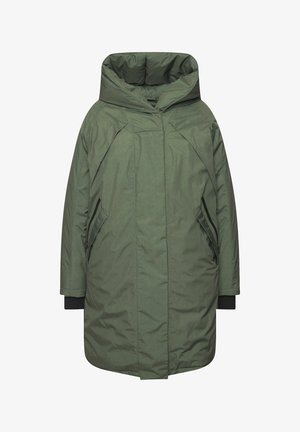 Groene gewatteerde jas met een hoge kraag, ritssluitingszakken aan de zijkant en een losse, vierkante pasvorm. Gemaakt van gestructureerde, waterafstotende stof.