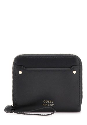 Black leather wallet with zipper closure, gold-tone hardware, a front card slot, and embossed brand logo, featuring a wrist strap.