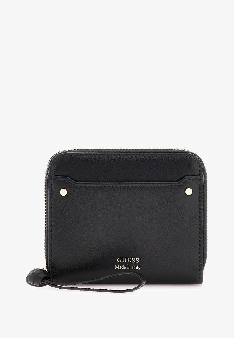 Black leather wallet with zipper closure, gold-tone hardware, a front card slot, and embossed brand logo, featuring a wrist strap.