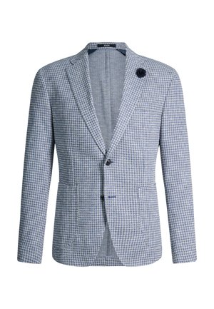 Eénknops lichtblauw-wit ruitjessingle-breasted blazer met twee knopen, notched revers, zakken aan de voorkant en een donker bloemenreversspeldje.