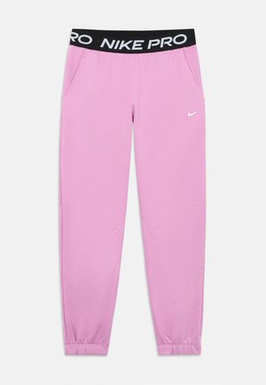 Rosa Nike Pro Sweatpants mit schwarzem elastischem Bund mit der Aufschrift "NIKE PRO", Seitentaschen und elastischen Bündchen an den Knöcheln.