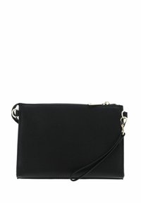 Sac à main en cuir noir texturé de forme rectangulaire, avec fermeture éclair, sangle amovible et détails en métal doré.