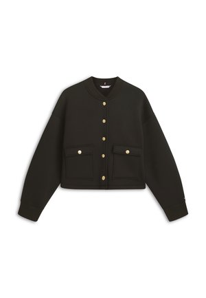 Crna kratka jakna s dugim rukavima, zlatnim kopčama sprijeda i dva prednja džepa s klopom i zlatnim kopčama.