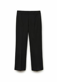 Svarta byxor med platt midja, rak bendesign och utan synliga knäppningar. Tillverkade av ett lent, lätt material.