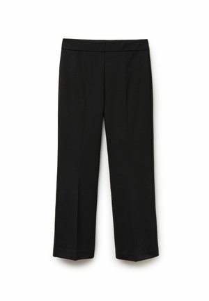 Sorte bukser med flad talje, lige ben design og ingen synlige lukninger. Fremstillet af glat, letvægtigt stof.