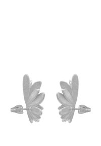 Orecchini d'argento con un design a foglia caratterizzato da più petali curvi, una superficie testurizzata e un retro sicuro.