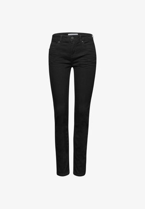 Černé džínové kalhoty se slim fit střihem, pěti kapsami a zipovým zapínáním. Mají hladký povrch a minimalistický design.