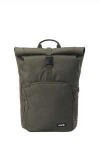 Olive green roll-top backpack with adjustable strap, front zip pocket, and logo patch; made of durable fabric, featuring a sleek design.