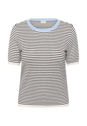 Haut en maille à manches courtes avec des rayures horizontales noires et blanches, un col rond bleu clair, et un ourlet et des poignets côtelés.