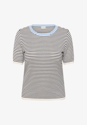 Maglia a maniche corte con righe orizzontali bianche e nere, scollo rotondo azzurro chiaro e orlo e polsini a coste.