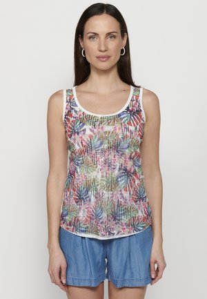 Débardeur sans manches en tissu léger avec un imprimé coloré de feuilles tropicales agrémenté de sequins. Bord blanc, décolleté arrondi et design ajusté.